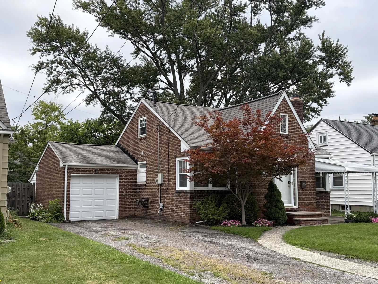 Brick story-and-a-half home with an attached garage and a red Japanese maple in Berea, Ohio, with a new Owens Corning Duration Driftwood shingle roof